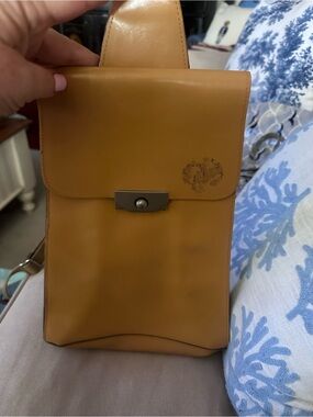 Leather Messenger Sling Bag in Tan with Push-Lock Closure